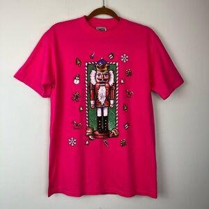 Vintage Oneita Single Stitch Nutcracker Graphic USA Pink Tee MEDIUM Christmas